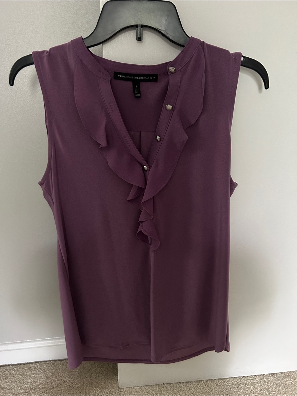 White House Black Market Plum Sleeveless Ruffle V-Neck Blouse